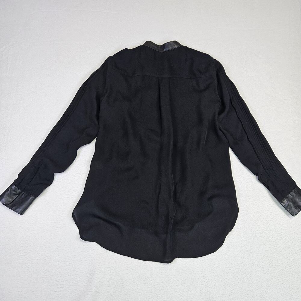 Haute Hippie 100% Silk Blouse S Leather Trim Tuxedo Pintuck Black Sheer Luxury - Picture 11 of 16